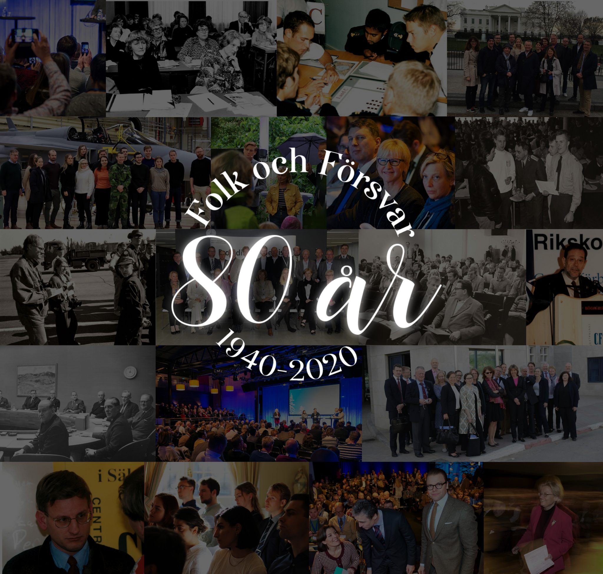 Collage av bilder på Folk och Försvars verksamhet Med texten "Folk och Försvar 80 år 1940-2020"